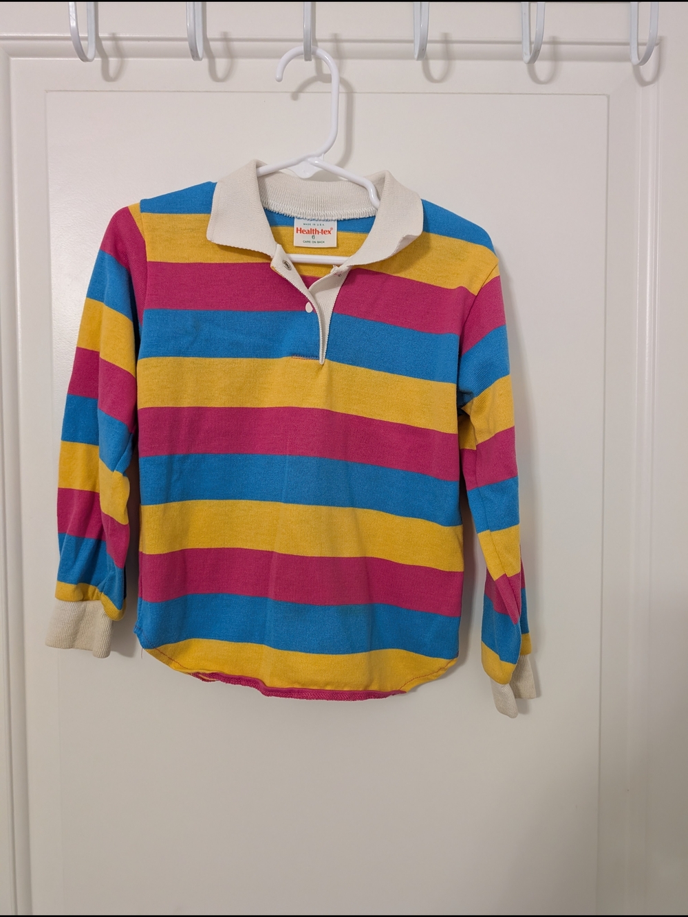 Vintage Health-Tex Kids Size 6 Rainbow Stripe Rugby Polo Shirt Made USA